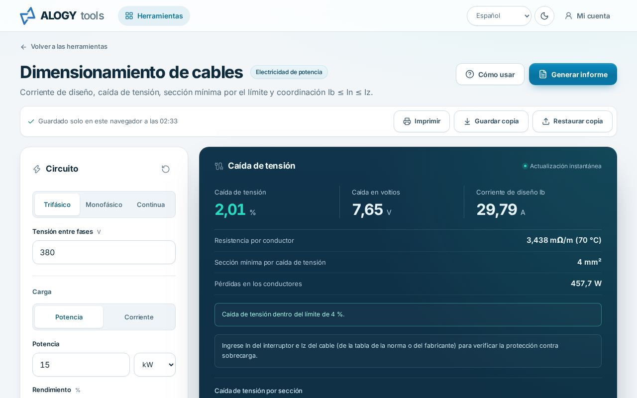 Pantalla del dimensionamiento de cables con motor trifásico de 15 kW a 380 V, 50 m de cable de cobre y el gráfico de caída por sección