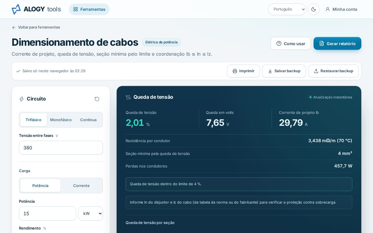 Tela do dimensionamento de cabos com motor trifásico de 15 kW a 380 V, 50 m de cabo de cobre e o gráfico de queda por seção