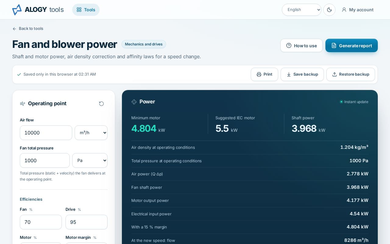 Fan power tool with 10,000 m³/h at 1000 Pa, a suggested 5.5 kW motor and the affinity law chart