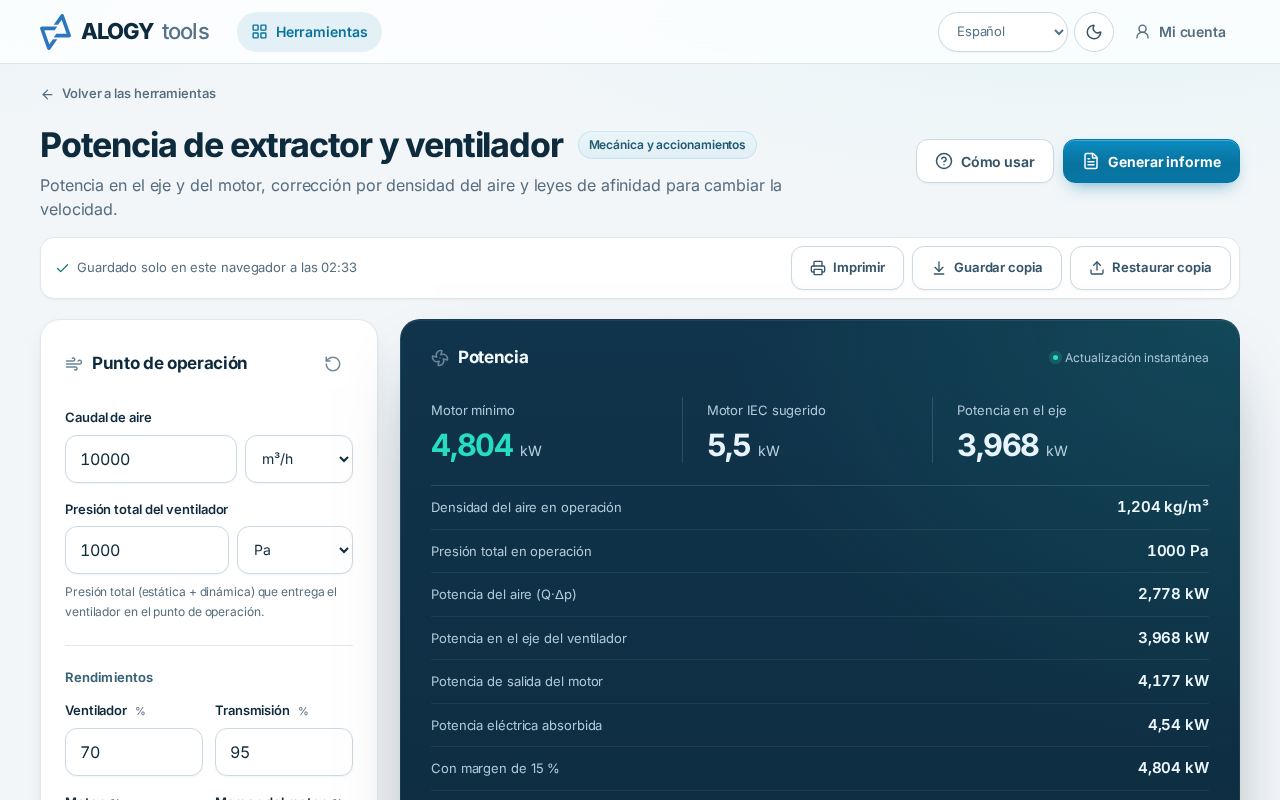 Pantalla de potencia de extractor con 10 000 m³/h a 1000 Pa, motor sugerido de 5,5 kW y el gráfico de las leyes de afinidad