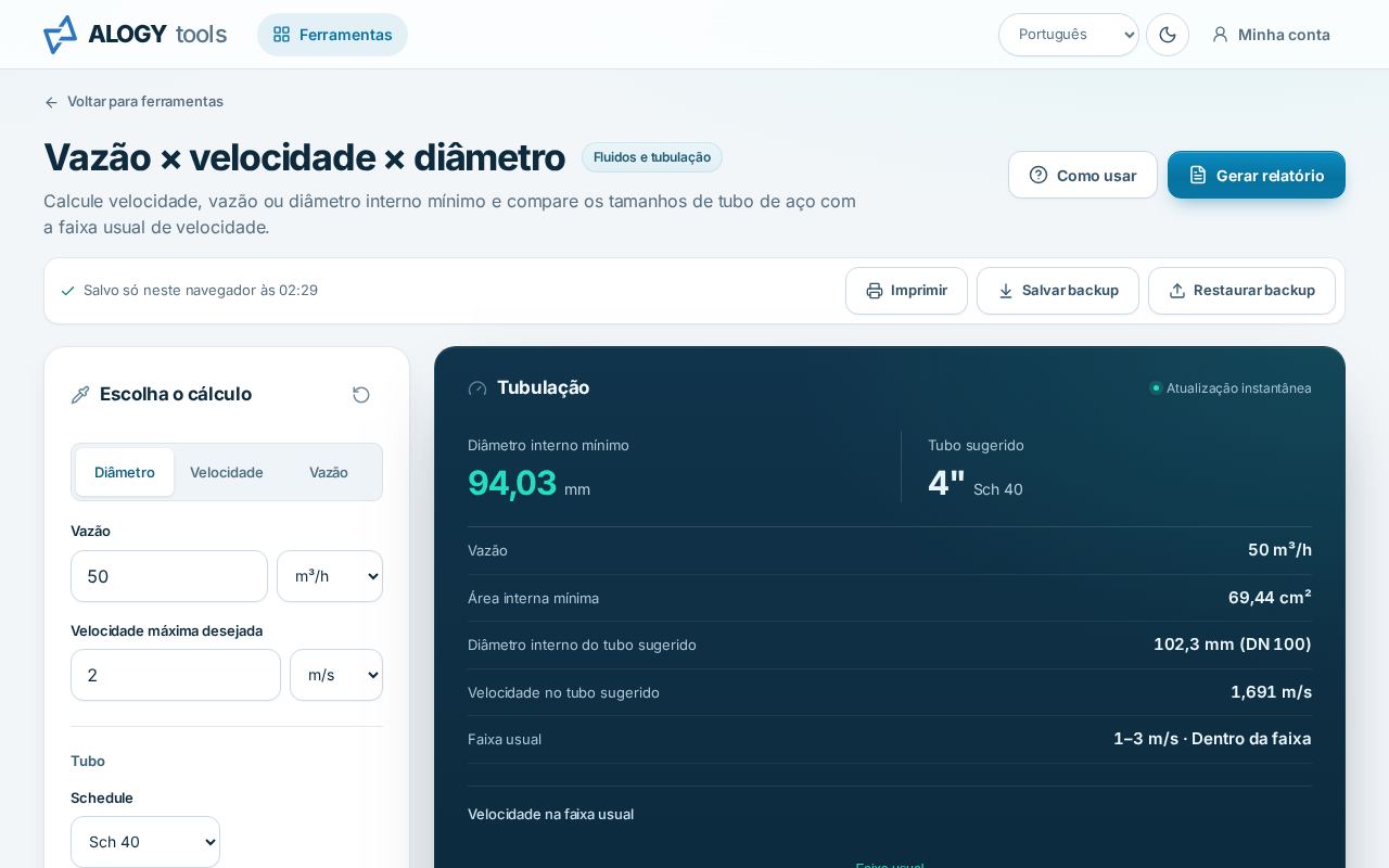 Tela da ferramenta vazão, velocidade e diâmetro com 50 m³/h a 2 m/s e o tubo de 4 polegadas sugerido