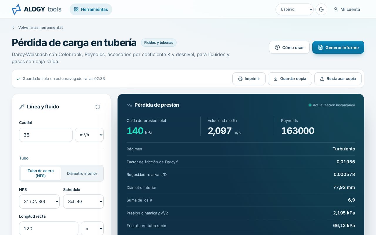Pantalla de la herramienta de pérdida de carga con 36 m³/h de agua en tubo de 3 pulgadas y la composición de la pérdida