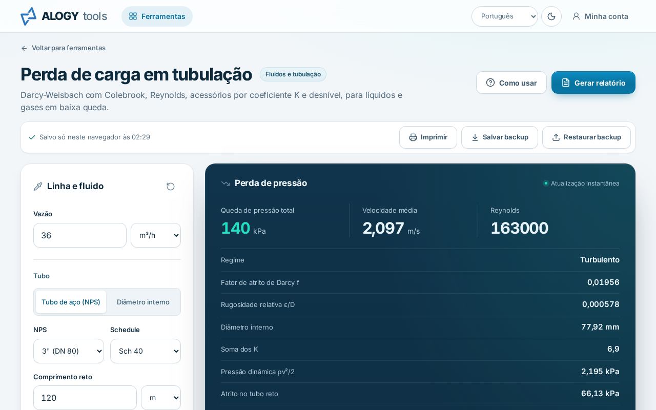 Tela da ferramenta de perda de carga com 36 m³/h de água em tubo de 3 polegadas e a composição da perda