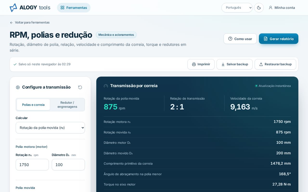 Tela da ferramenta RPM, polias e redução com motor de 1750 rpm, polias de 100 e 200 mm e o esquema da correia