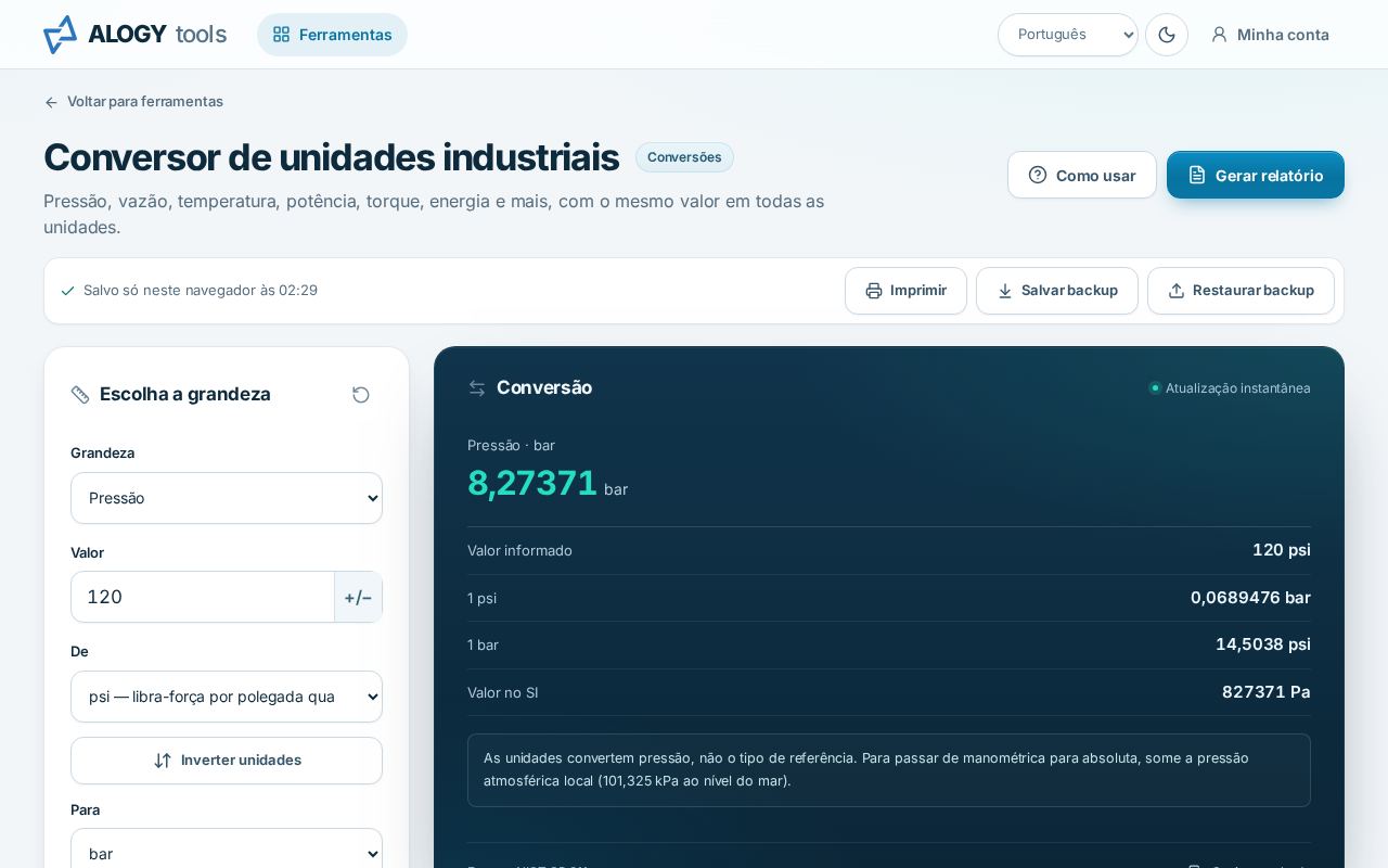 Tela do conversor de unidades com 120 psi convertidos para bar e a tabela de todas as unidades de pressão